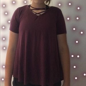 criss cross purple maroon shirt